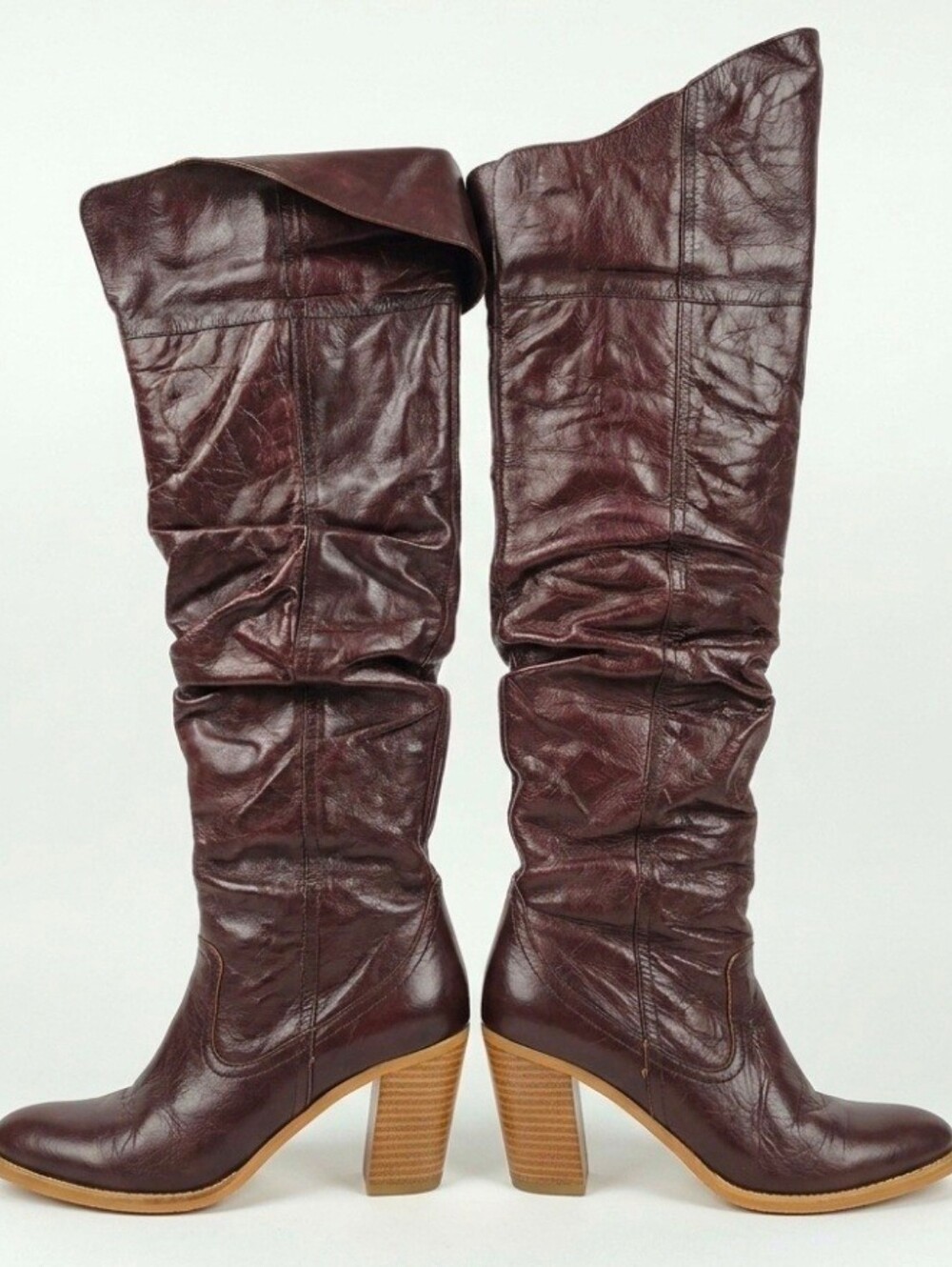 Burgundy Oxblood Slouchy Leather Foldover Knee High Stacked Slouched Wood Heel 7
